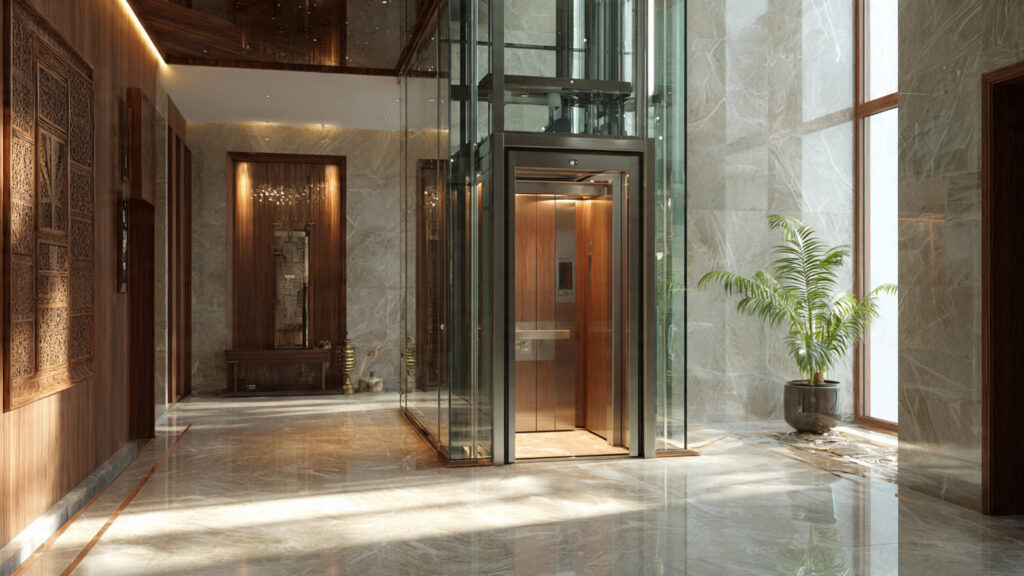 Why A Home Elevator is Important -modern Indian luxury duplex home interior with a stylish glass home elevator in the living room