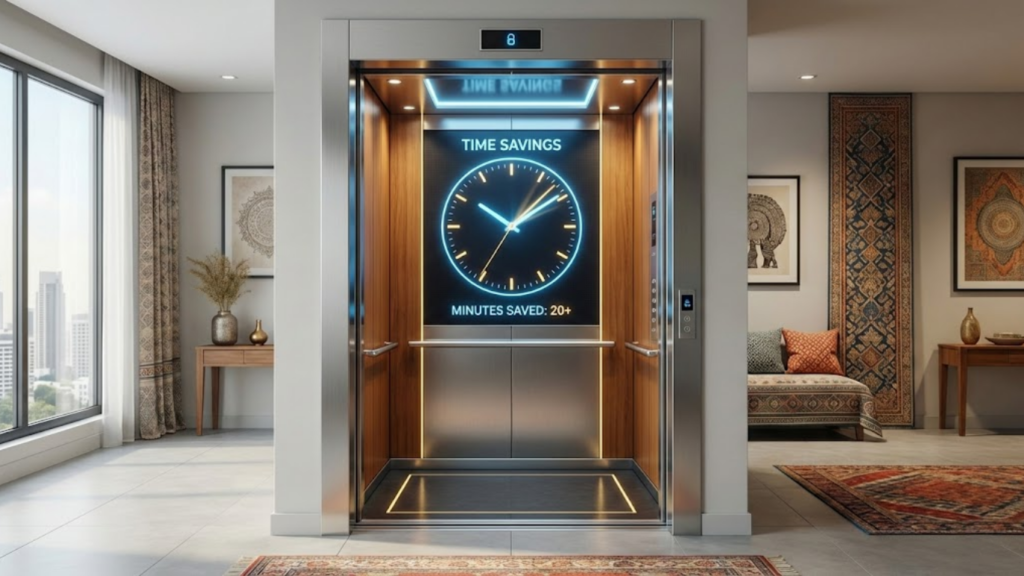 A home elevator with a clock overlay, symbolizing time savings - How Home Elevators Improve Daily Life