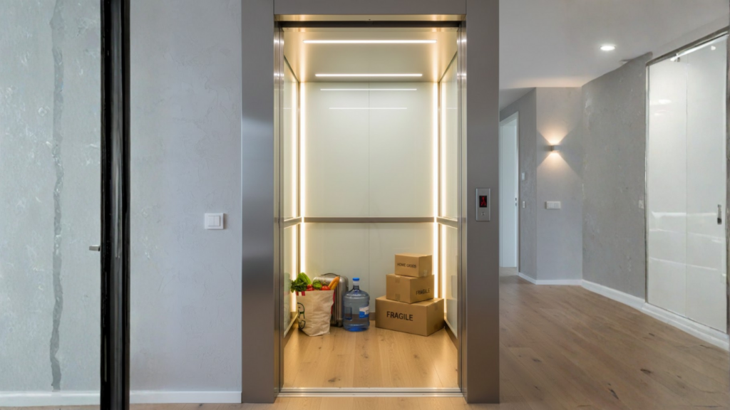 A home elevator with household items placed inside groceries bag, lightweight luggage, water can, small carton boxes - How Home Elevators Improve Daily Life