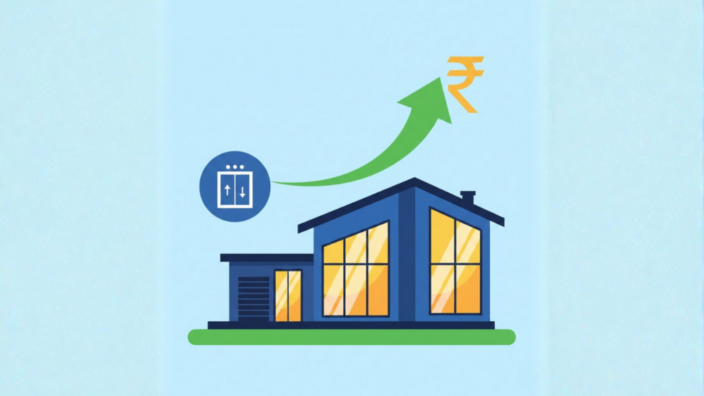 A modern house with a rising value arrow, subtle rupee symbol ₹ - How Home Elevators Improve Daily Life