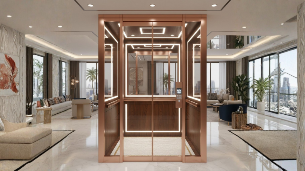 A rose-gold home elevator cabin with full-glass vision panels - How Home Elevators Improve Daily Life