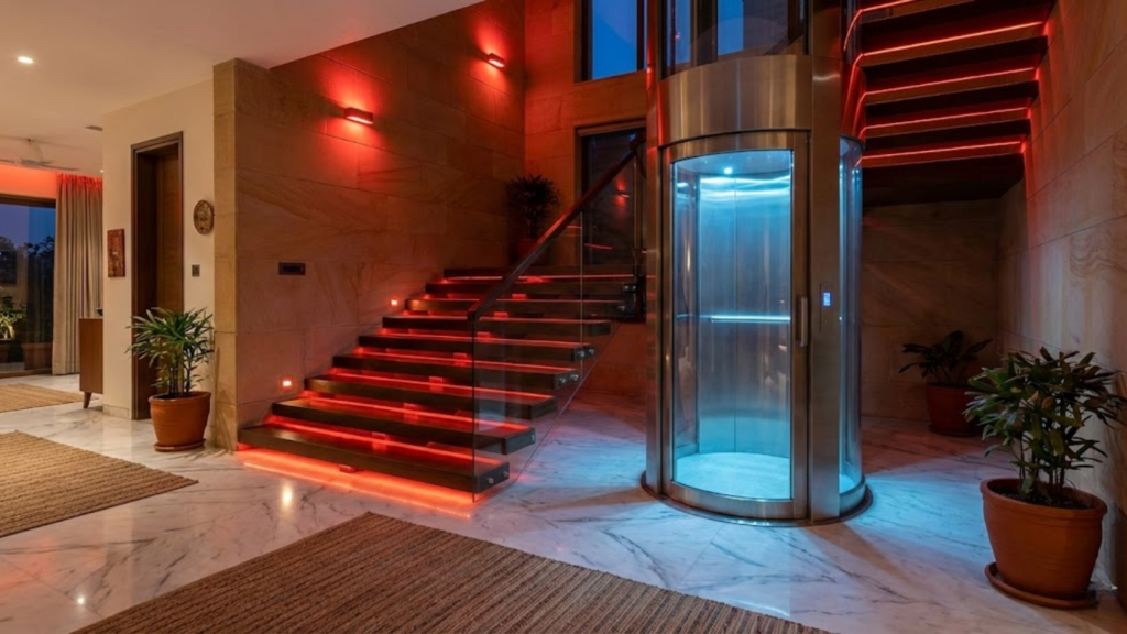 A sleek home elevator beside a staircase - How Home Elevators Improve Daily Life