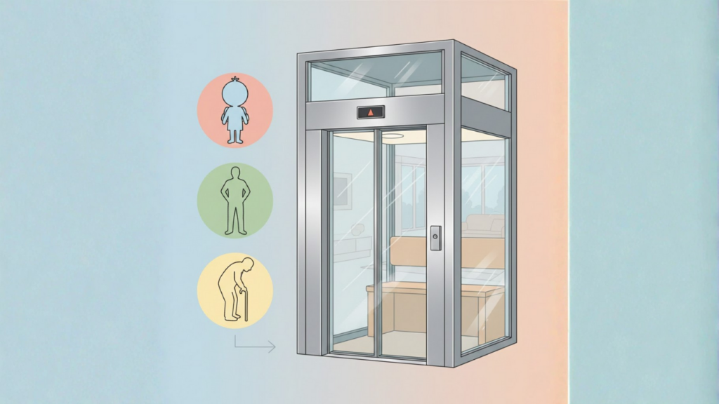 A symbolic illustration showing three silhouettes (child, adult, senior) as icons beside a modern home elevator - How Home Elevators Improve Daily Life