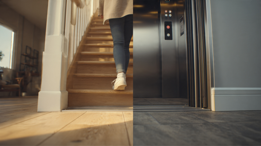 Home Elevator Vs Stairs Split-scene. Left side shows a person slipping slightly on indoor stairs (no injury shown, safe depiction). Right side shows a secure home elevator with safety sensors and