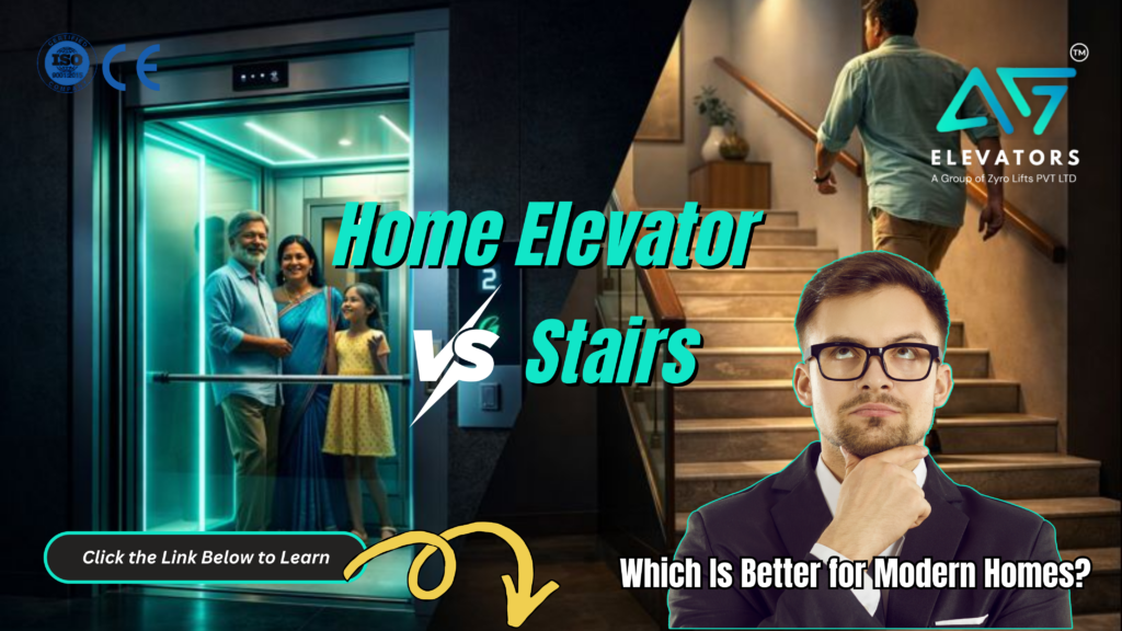 Home Elevator Vs Stairs a modern Indian duplex home interior split diagonally into two premium sections.