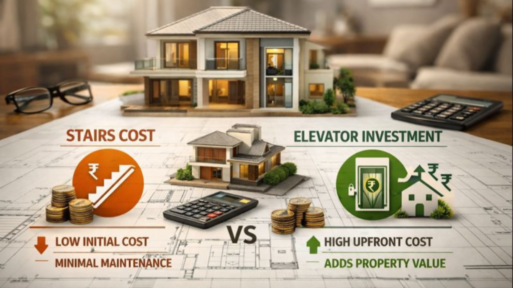 Home Elevator Vs Stairs a modern Indian house blueprint with icons representing stairs cost vs home elevator investment.