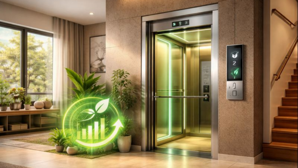 Home Elevator Vs Stairs a modern home elevator with digital display and eco-friendly lighting, symbolizing energy efficiency.