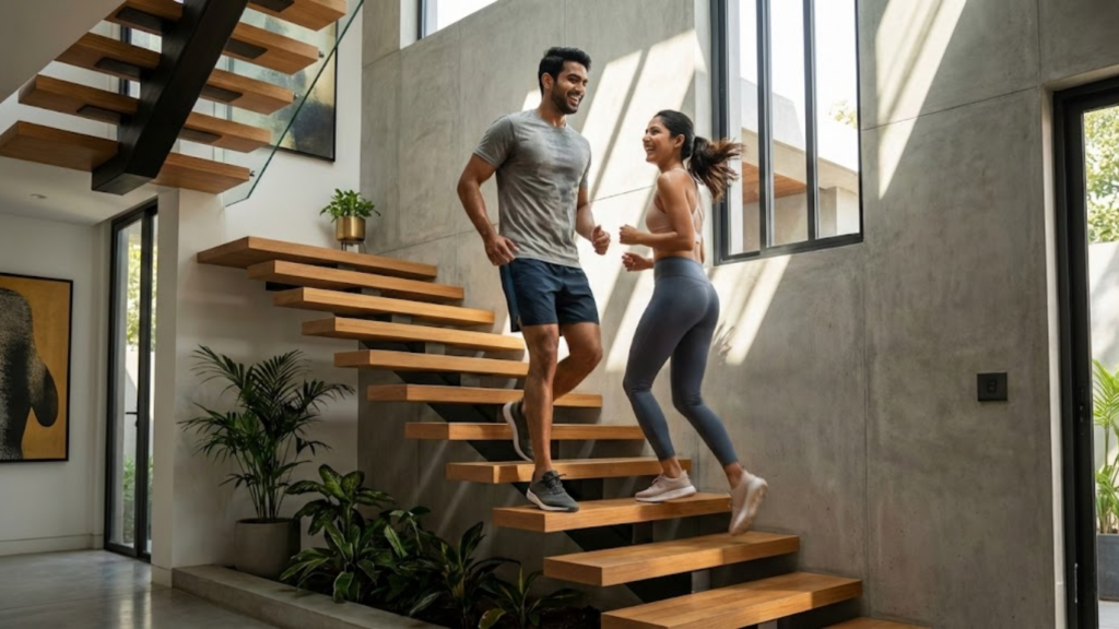Home Elevator Vs Stairs a young Indian couple climbing indoor stairs inside a modern home, looking healthy and energetic