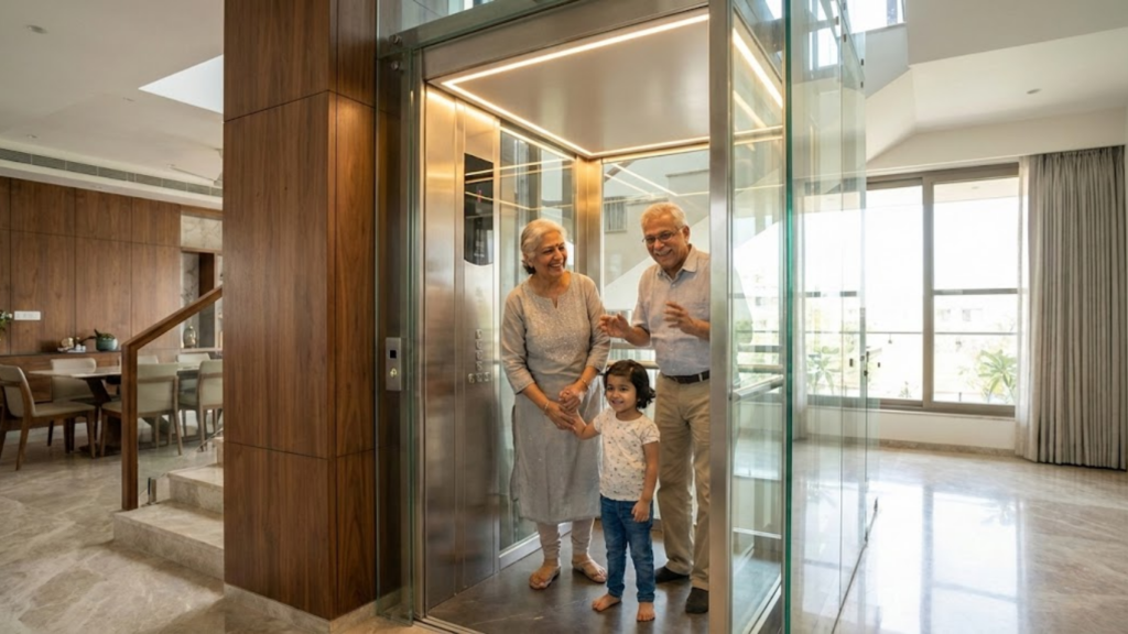Home Elevator Vs Stairs an Indian elderly couple and a child using a sleek home elevator inside a modern villa.