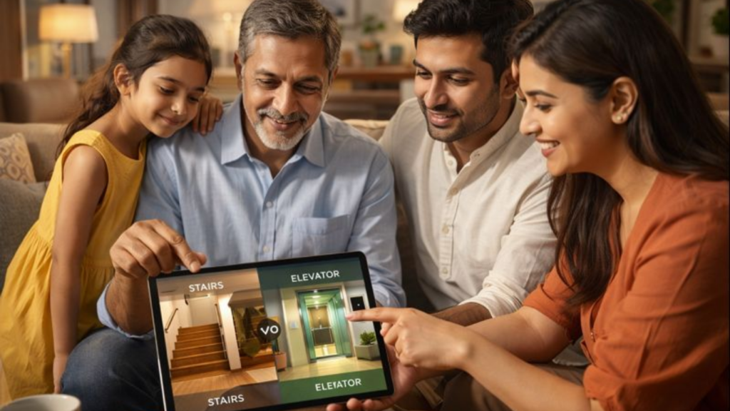 Home Elevator Vs Stairs an Indian family discussing home design choices in a living room, looking at a tablet showing stairs and elevator options.