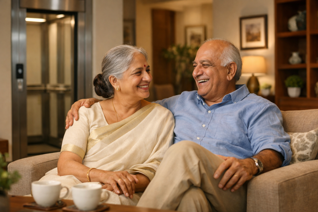 Home Elevator for Aging Parents - A happy elderly Indian couple relaxing comfortably in their home after using a home elevator.