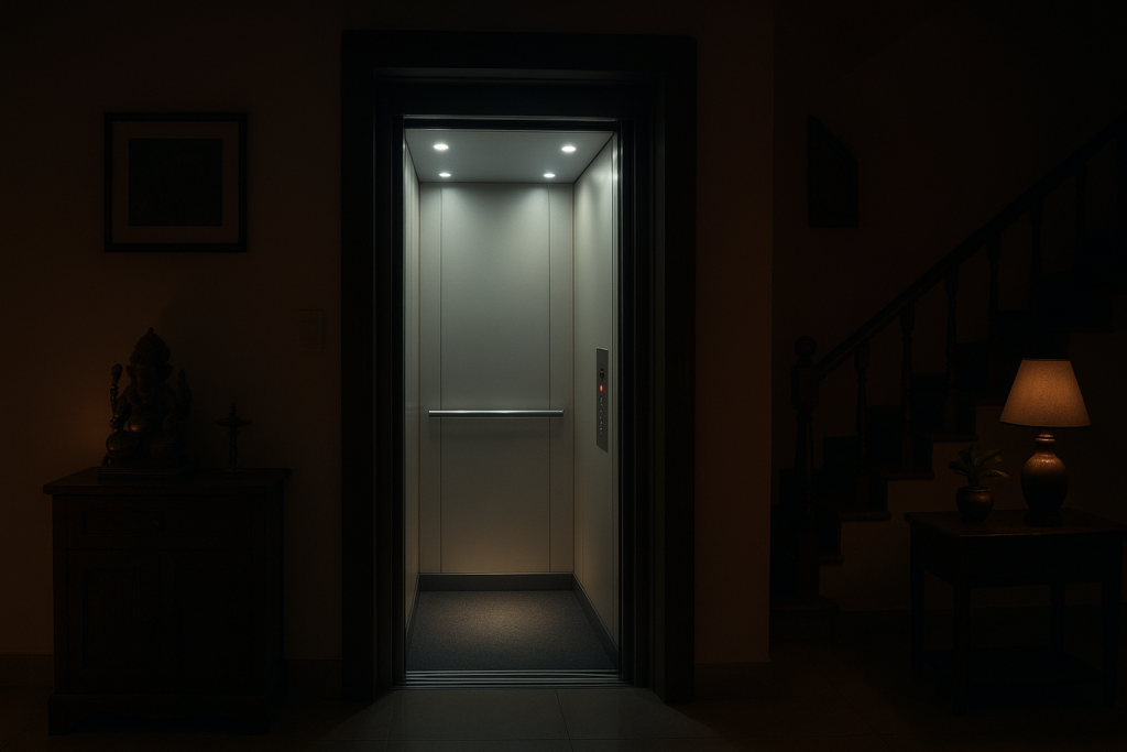 Home Elevator for Aging Parents - A home elevator operating smoothly during nighttime inside an Indian home, illuminated with soft LED lights, indicating power backup and safety.