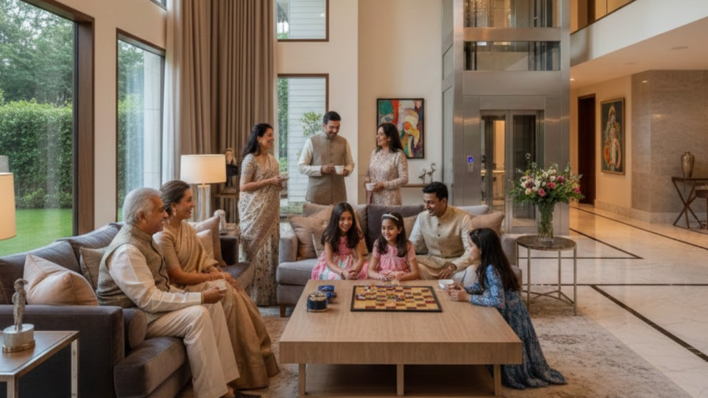 Home Elevator for Aging Parents - A luxurious Indian family home with three generations together — grandparents, parents, and children — gathered in a spacious living area. A modern glass home elevator