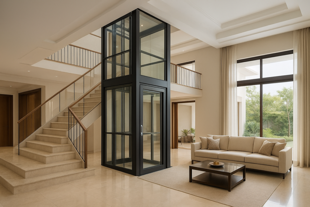 Home Elevator for Aging Parents - A premium Indian duplex house interior with a centrally placed modern glass home elevator that enhances the home’s architecture.