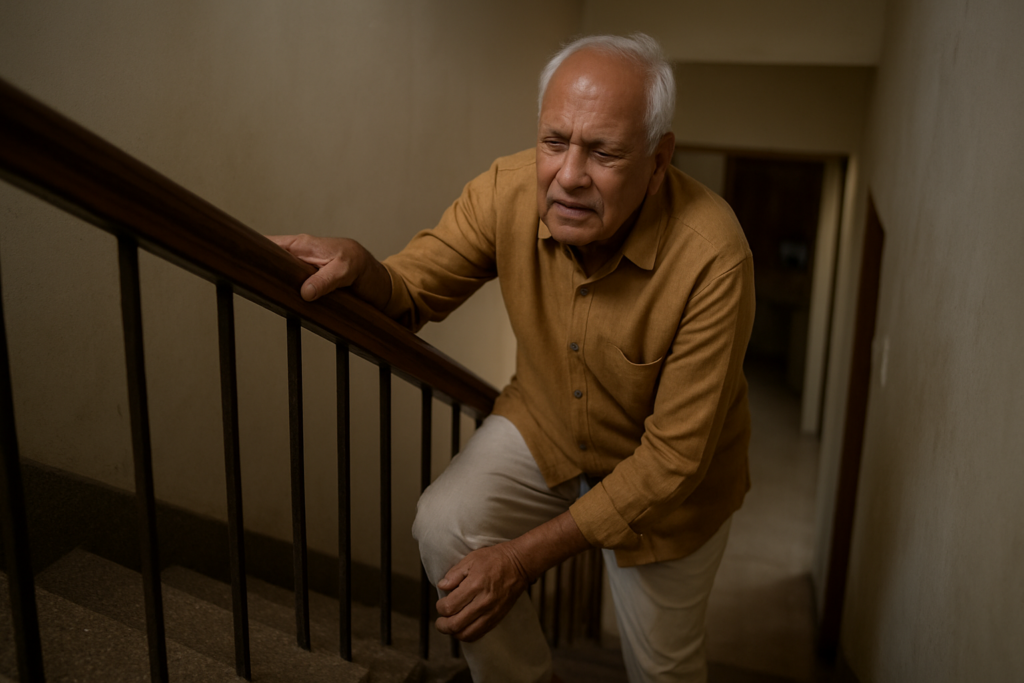 Home Elevator for Aging Parents - An elderly Indian man holding a stair railing carefully while climbing stairs inside a residential Indian home, showing discomfort and risk.