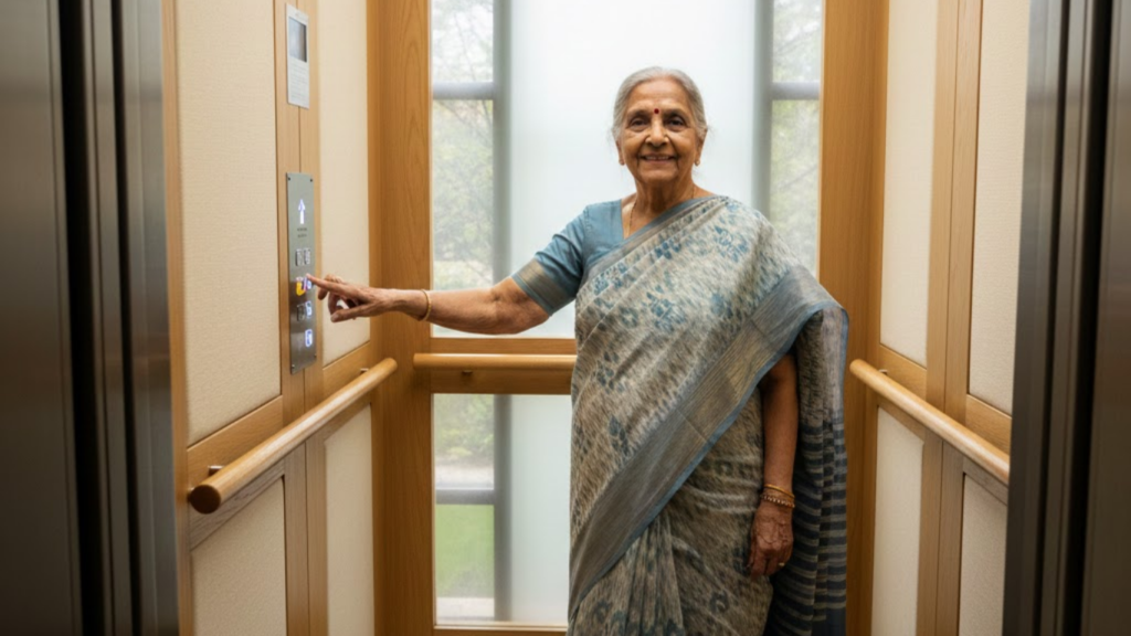 Home Elevator for Aging Parents - An elderly Indian woman independently operating a home elevator using simple control buttons, smiling confidently.