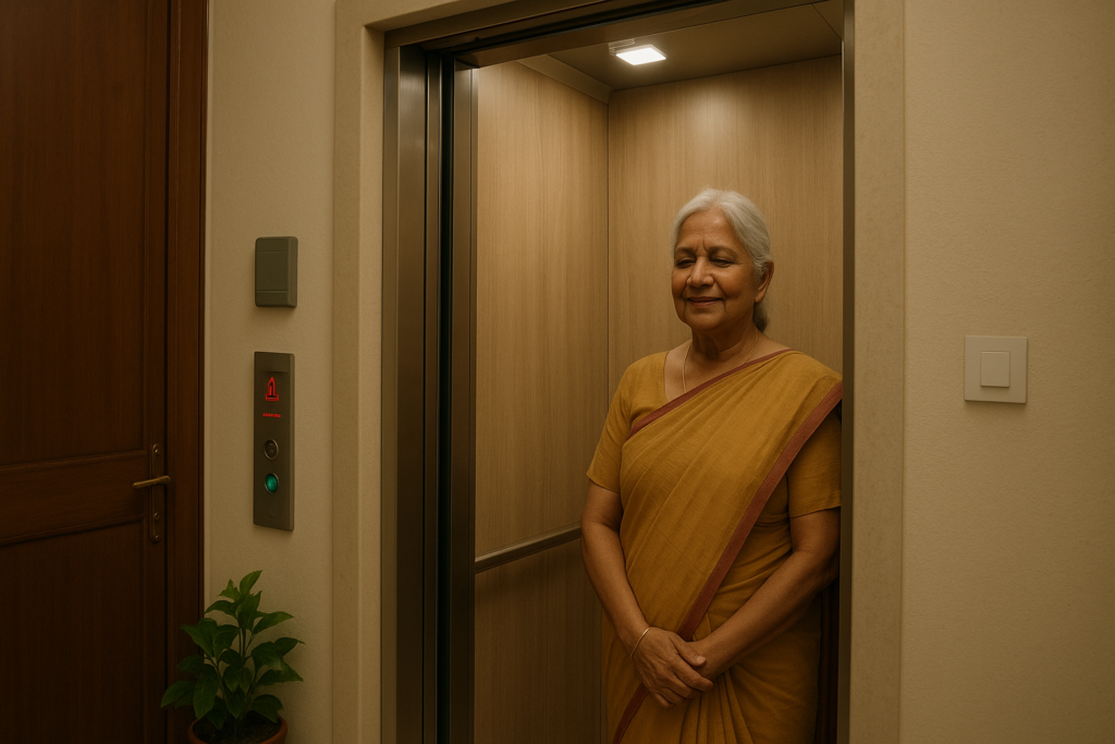Home Elevator for Aging Parents - An elderly parent is inside the elevator, appearing safe and relaxed