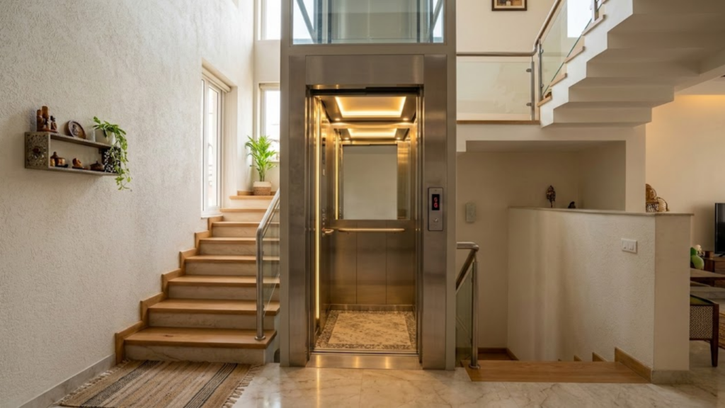 Are Home Elevators Safe - Compact residential home elevator installed in limited space inside Indian G+1 house