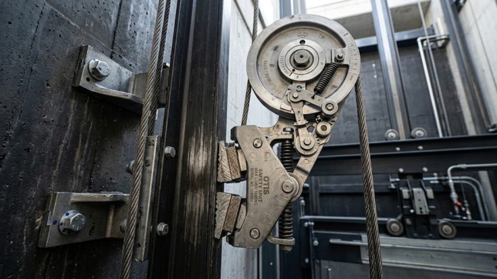 Are Home Elevators Safe - Macro close-up of residential elevator safety system inside shaft, visible steel cables, overspeed governor mechanism, safety brake system clamped to guide rails