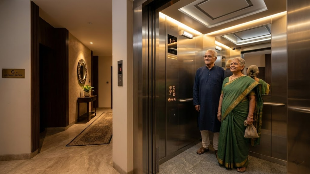 Are Home Elevators Safe - Modern Indian home elevator cabin during simulated power outage, emergency battery lights glowing softly