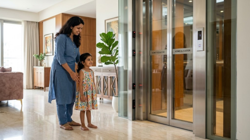 Are Home Elevators Safe - Young Indian child standing safely near a modern home elevator door with infrared safety sensors visible, parent supervising nearby