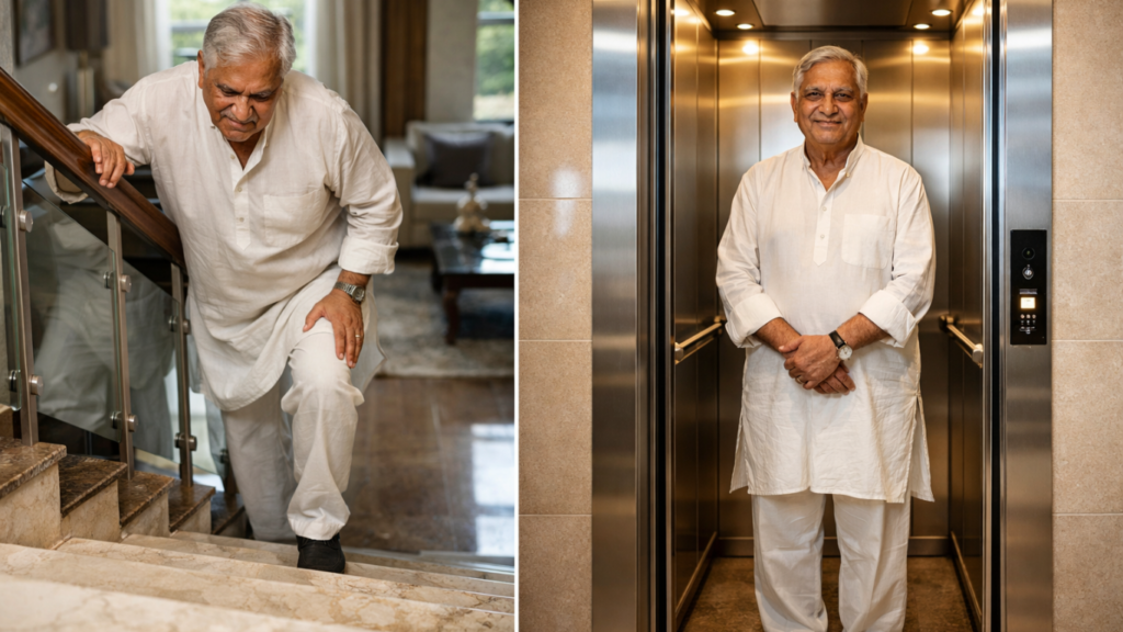 Are Home Elevators Safe - elderly person struggling slightly on staircase on one side, same person comfortably using modern residential elevator on the other side