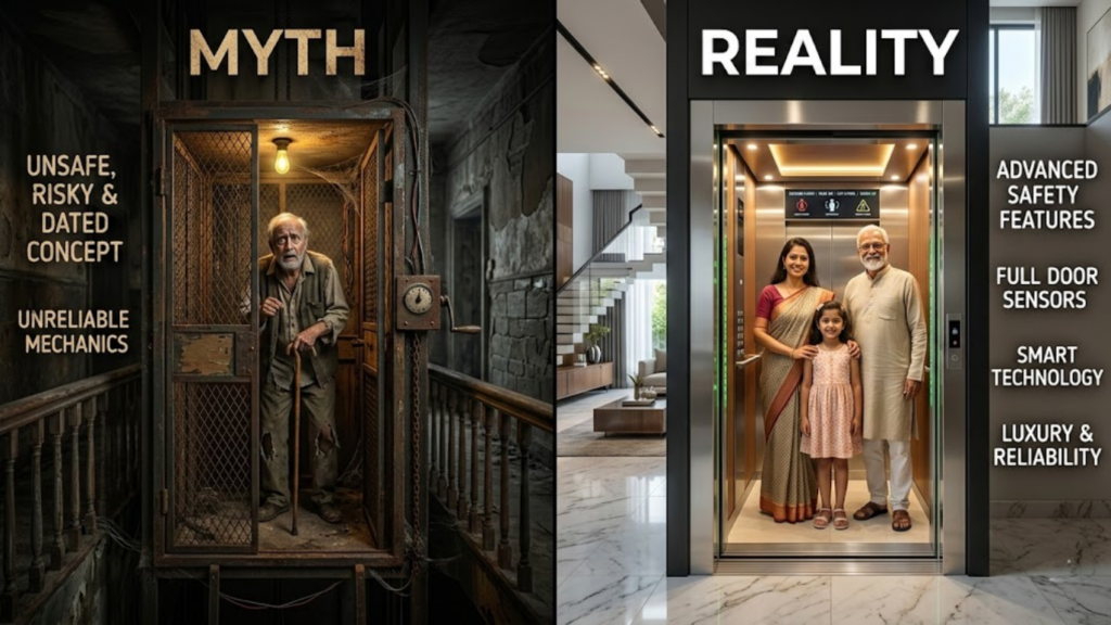 Are Home Elevators Safe - left side dramatic exaggerated scene of old unsafe elevator concept (dim lighting, outdated design), right side modern Indian residential elevator with advanced safety features