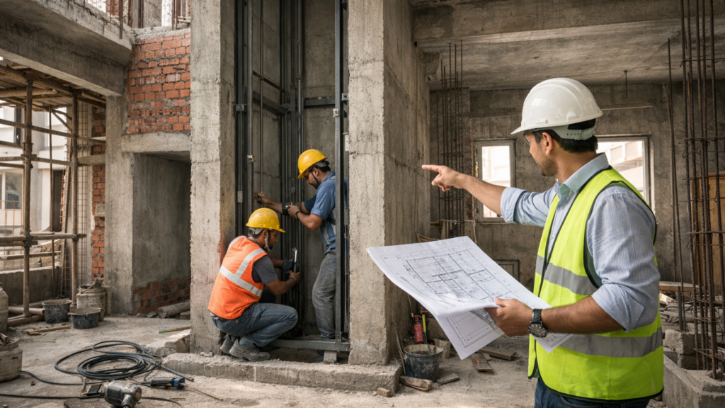 Home Elevator Cost in India - Indian residential building under construction with visible elevator shaft structure, construction workers installing home lift rails