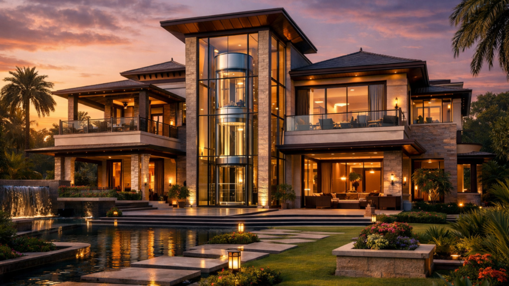 Home Elevator Cost in India - Luxury Indian villa exterior at sunset with visible glass residential elevator inside through large windows, landscaped garden