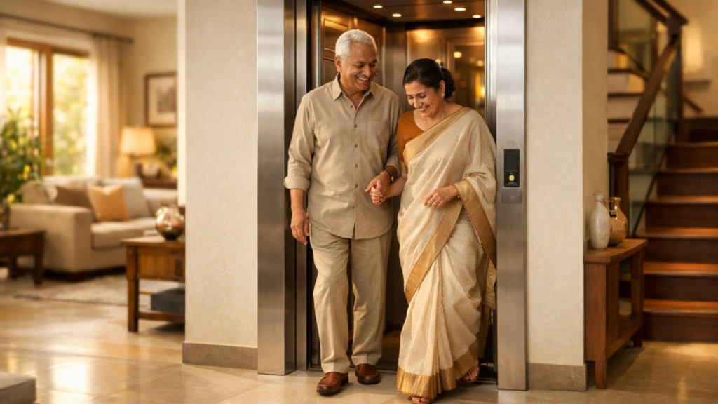 Home Elevator Cost in India - Modern Indian home interior with residential elevator, elderly Indian couple comfortably stepping out of a stylish home lift