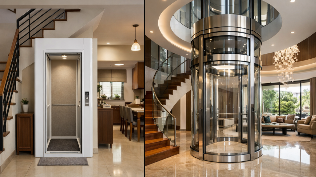Home Elevator Cost in India - two Indian homes side by side, left side featuring a compact small shaftless home elevator inside a modest duplex, right side showing a luxury panoramic glass elevato