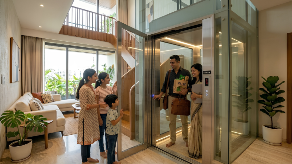 Home Elevator Benefits - Busy Indian working parents using home elevator, carrying groceries and laptop, multitasking, modern lifestyle, stress-free expressions