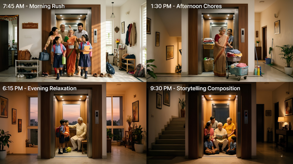 Home Elevator Benefits - Day-to-night timeline of Indian family using home elevator, morning rush, afternoon chores, evening relaxation, storytelling composition