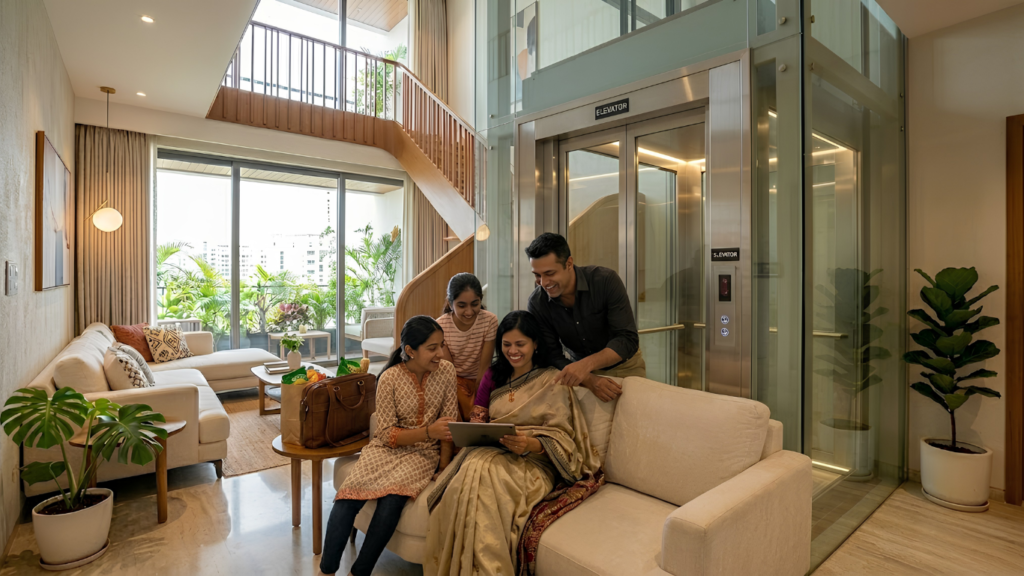 Home Elevator Benefits - Happy Indian family enjoying premium home lifestyle with elevator, luxury interior, relaxed atmosphere