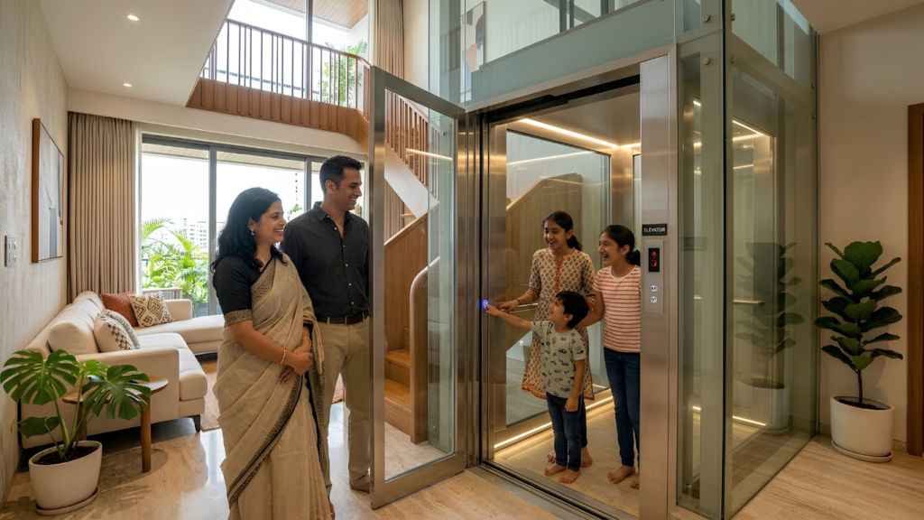 Home Elevator Benefits - Happy Indian kids using a home elevator safely, playful mood, parents watching with relief