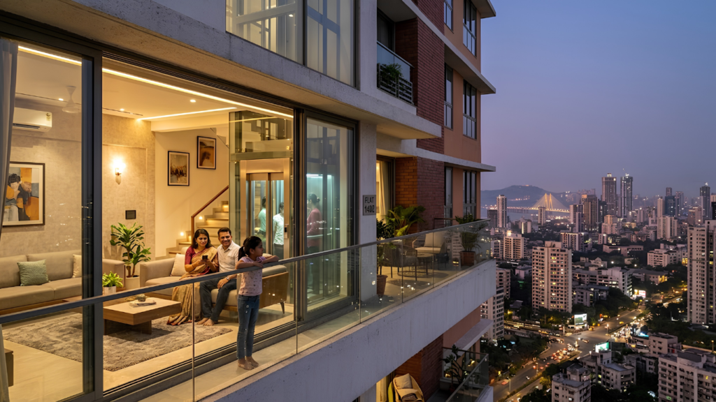 Home Elevator Benefits - Urban Indian home exterior and interior with elevator, city skyline background, modern lifestyle, middle-class luxury home