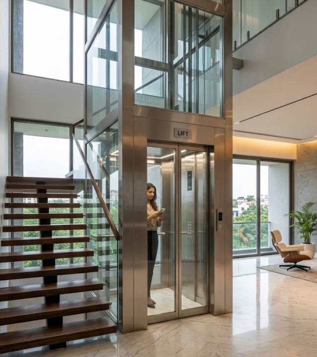 Best Elevator Installation Company in Visakhapatnam - modern luxury home elevator inside a duplex house in Visakhapatnam, glass cabin elevator with stainless steel frame